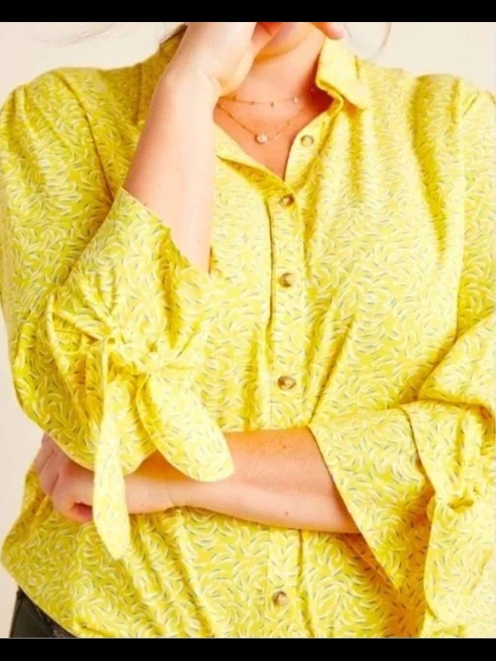 Anthropologie Sunny Yellow Button-Front Blouse with Tie Sleeves
